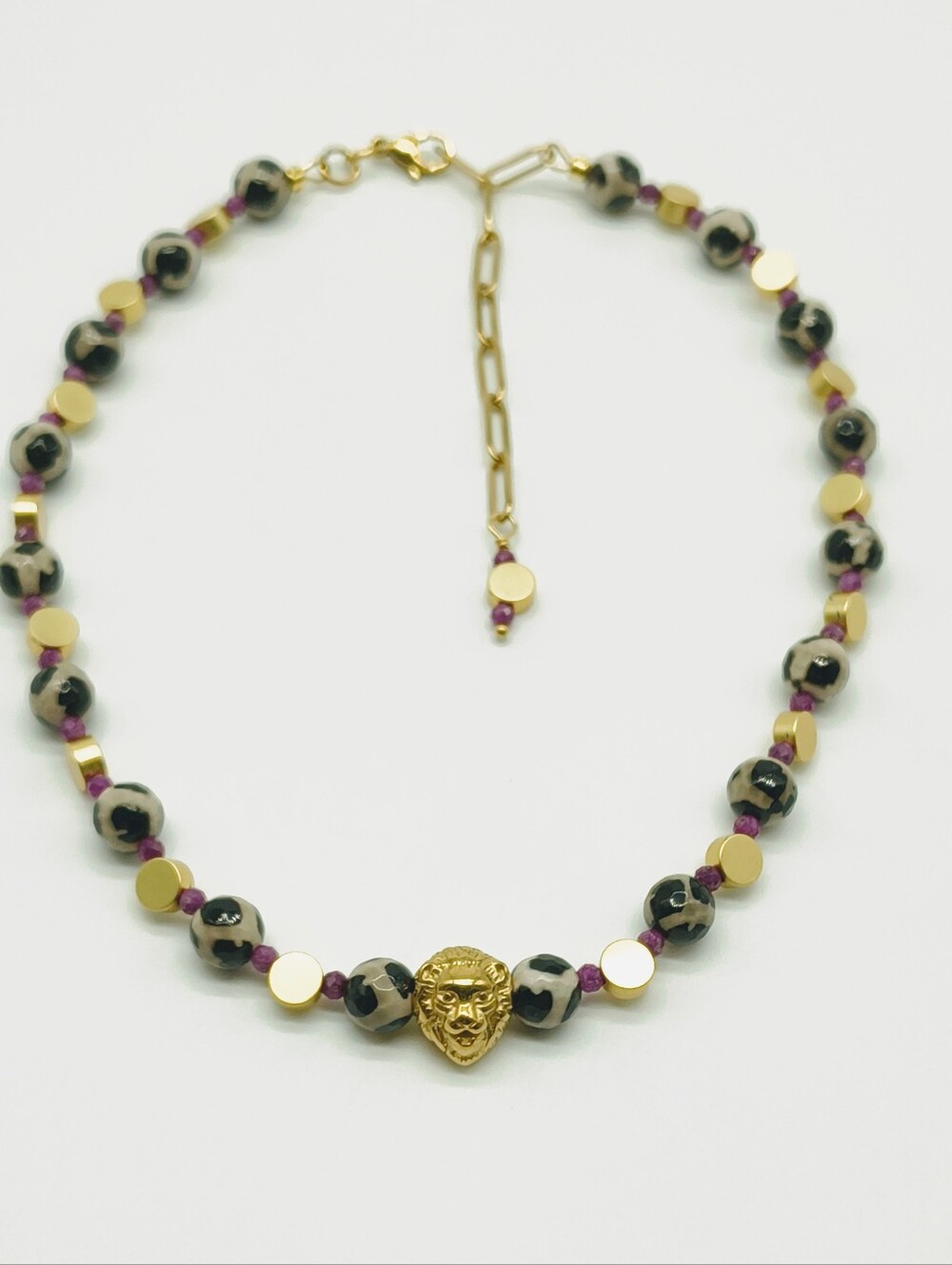 Lion Head Dzi Agate Ruby Necklace